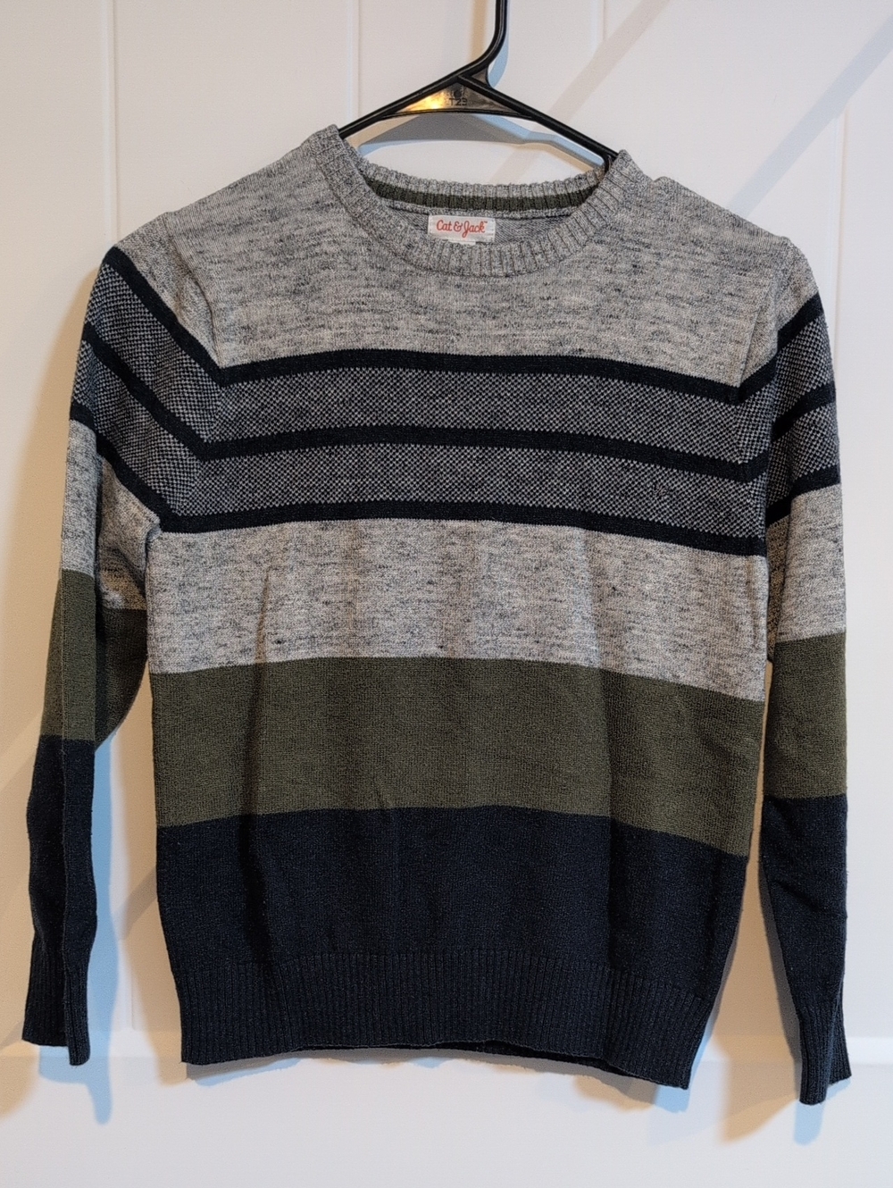 Cat & Jack Kids Gray, Olive and Black Striped Crewneck Sweater